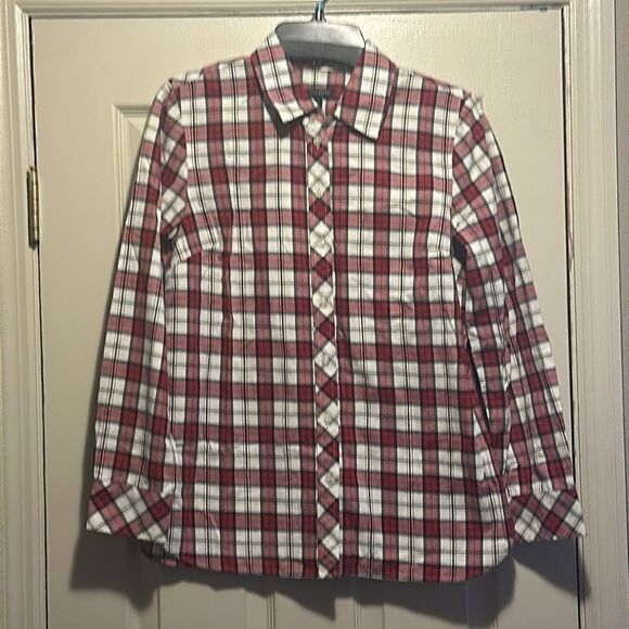 TALBOTS Classic Cotton Shirt Shimmer Plaid Top - Picture 7 of 14